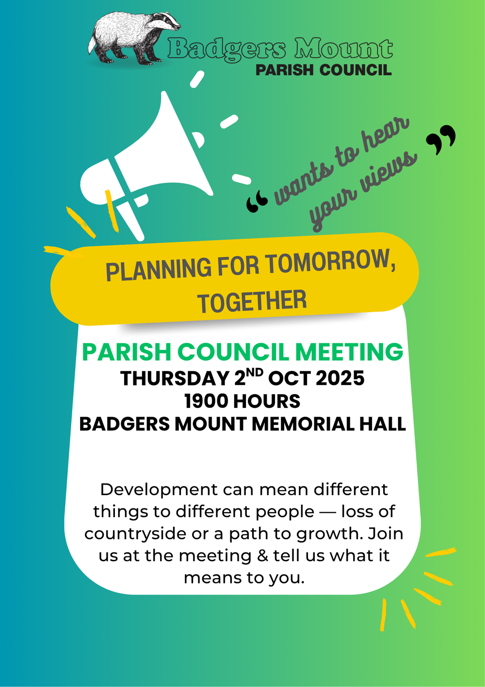 Badgers Mount Parish Council would like to hear your views